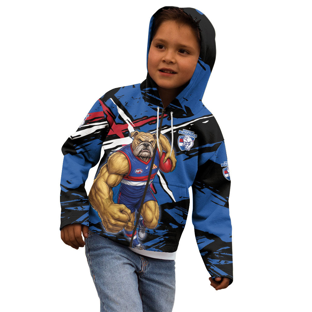Western Bulldogs Kid Hoodie Footscray Muscular Mascot Graphic - Abstract Paint Splatter Art