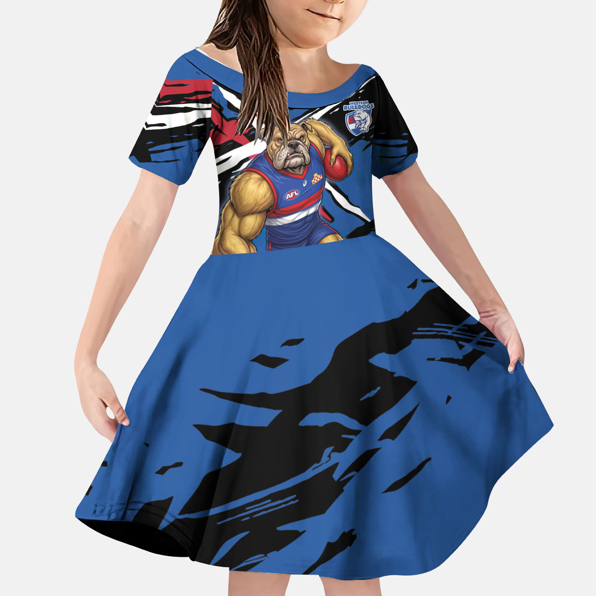 Western Bulldogs Kid Short Sleeve Dress Footscray Muscular Mascot Graphic - Abstract Paint Splatter Art