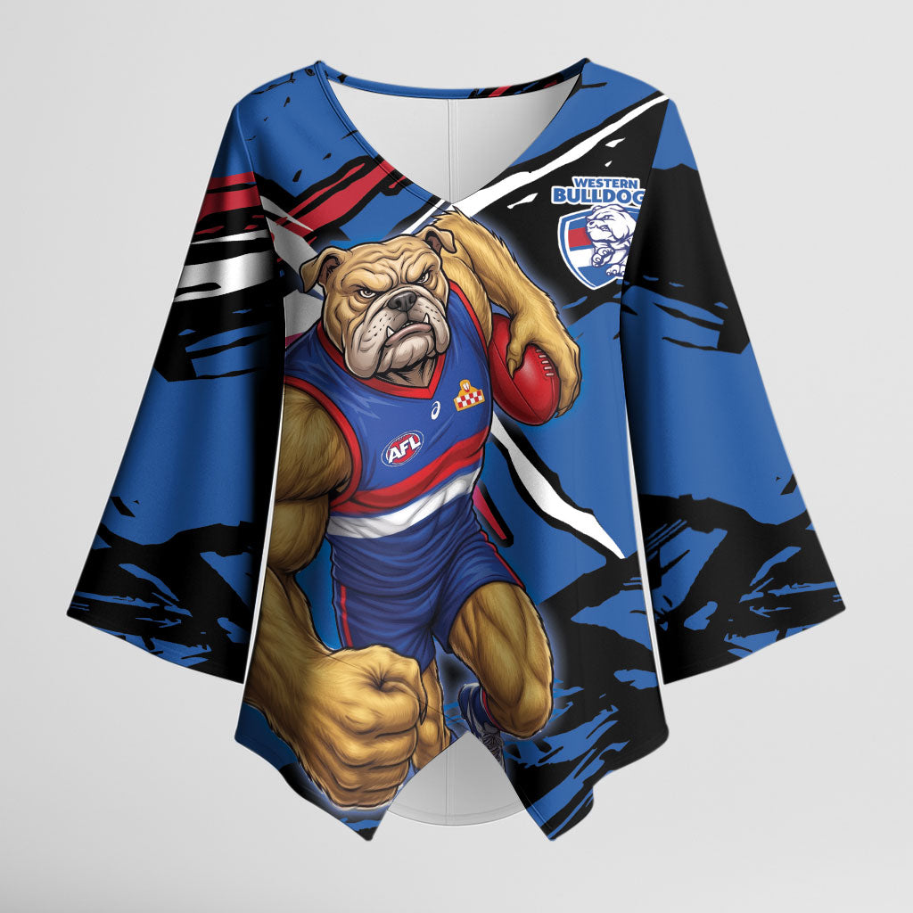 Western Bulldogs Kimono Sleeve Blouse Footscray Muscular Mascot Graphic - Abstract Paint Splatter Art