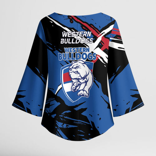 Western Bulldogs Kimono Sleeve Blouse Footscray Muscular Mascot Graphic - Abstract Paint Splatter Art