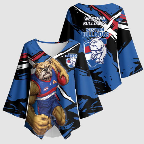 Western Bulldogs Kimono Sleeve Blouse Footscray Muscular Mascot Graphic - Abstract Paint Splatter Art