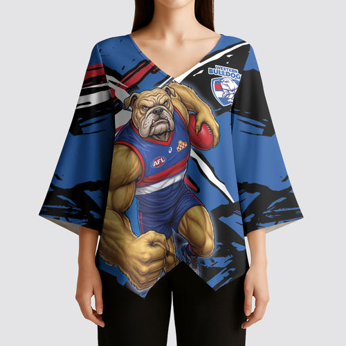 Western Bulldogs Kimono Sleeve Blouse Footscray Muscular Mascot Graphic - Abstract Paint Splatter Art