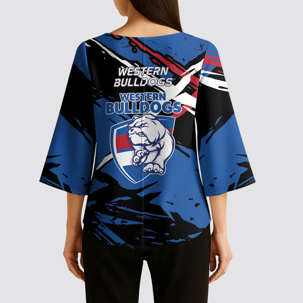 Western Bulldogs Kimono Sleeve Blouse Footscray Muscular Mascot Graphic - Abstract Paint Splatter Art