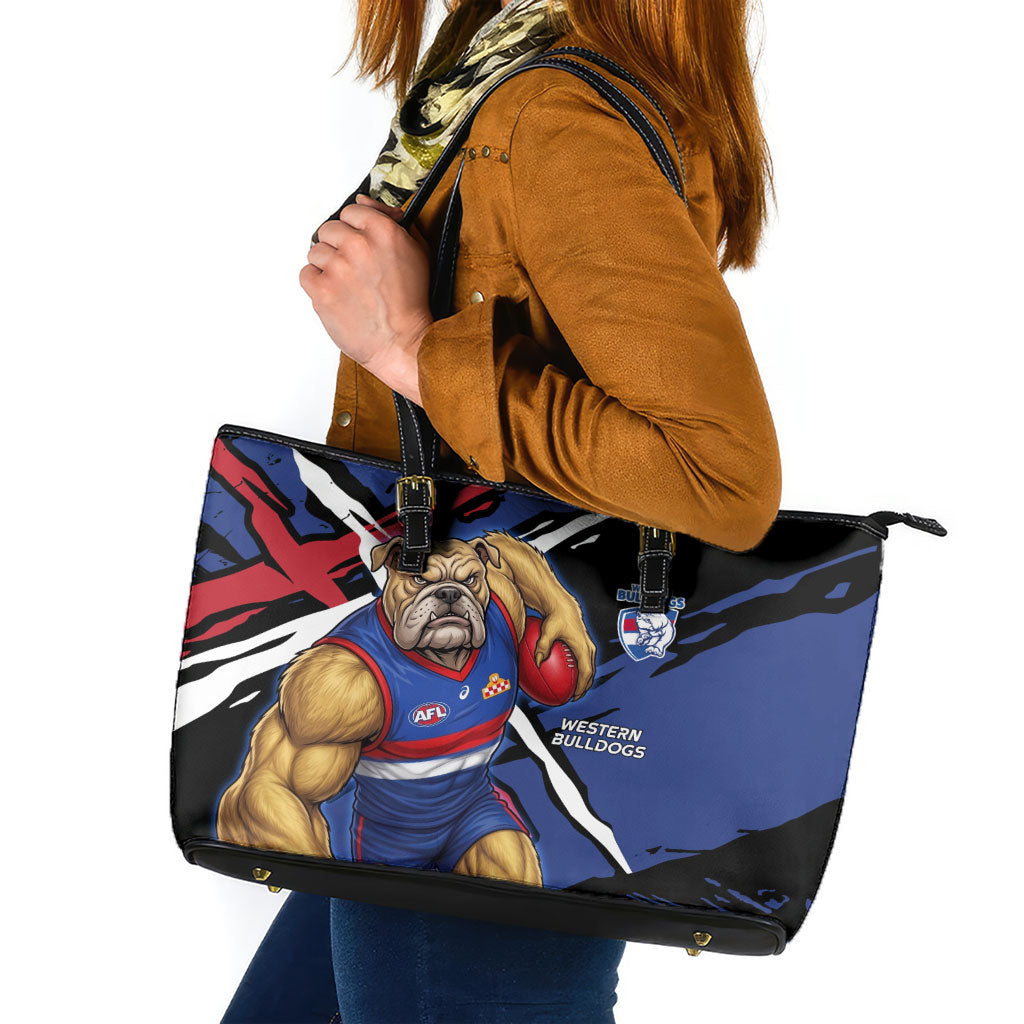 Western Bulldogs Leather Tote Bag Footscray Muscular Mascot Graphic - Abstract Paint Splatter Art