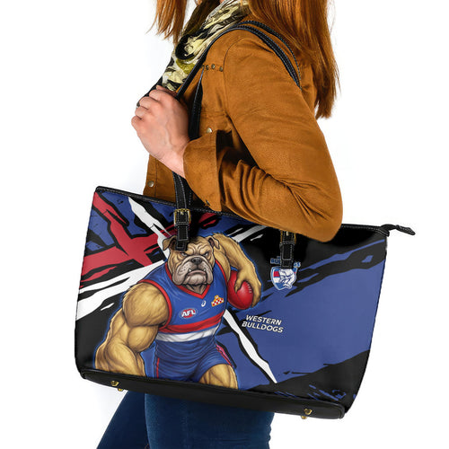 Western Bulldogs Leather Tote Bag Footscray Muscular Mascot Graphic - Abstract Paint Splatter Art