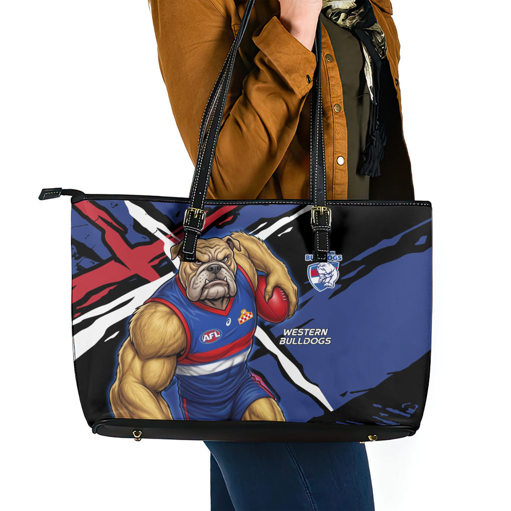 Western Bulldogs Leather Tote Bag Footscray Muscular Mascot Graphic - Abstract Paint Splatter Art
