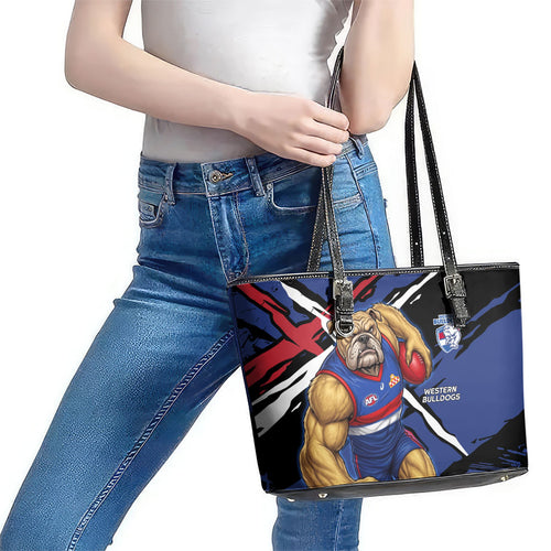Western Bulldogs Leather Tote Bag Footscray Muscular Mascot Graphic - Abstract Paint Splatter Art