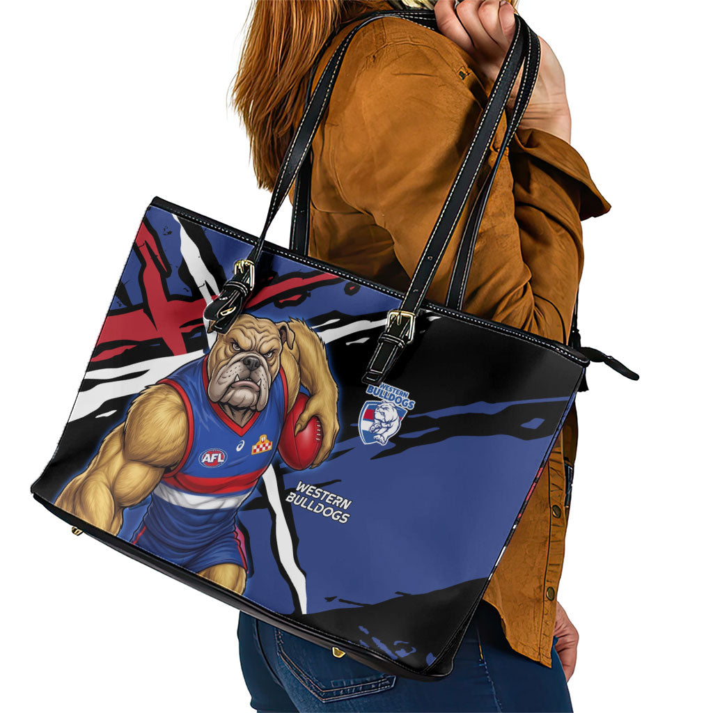 Western Bulldogs Leather Tote Bag Footscray Muscular Mascot Graphic - Abstract Paint Splatter Art
