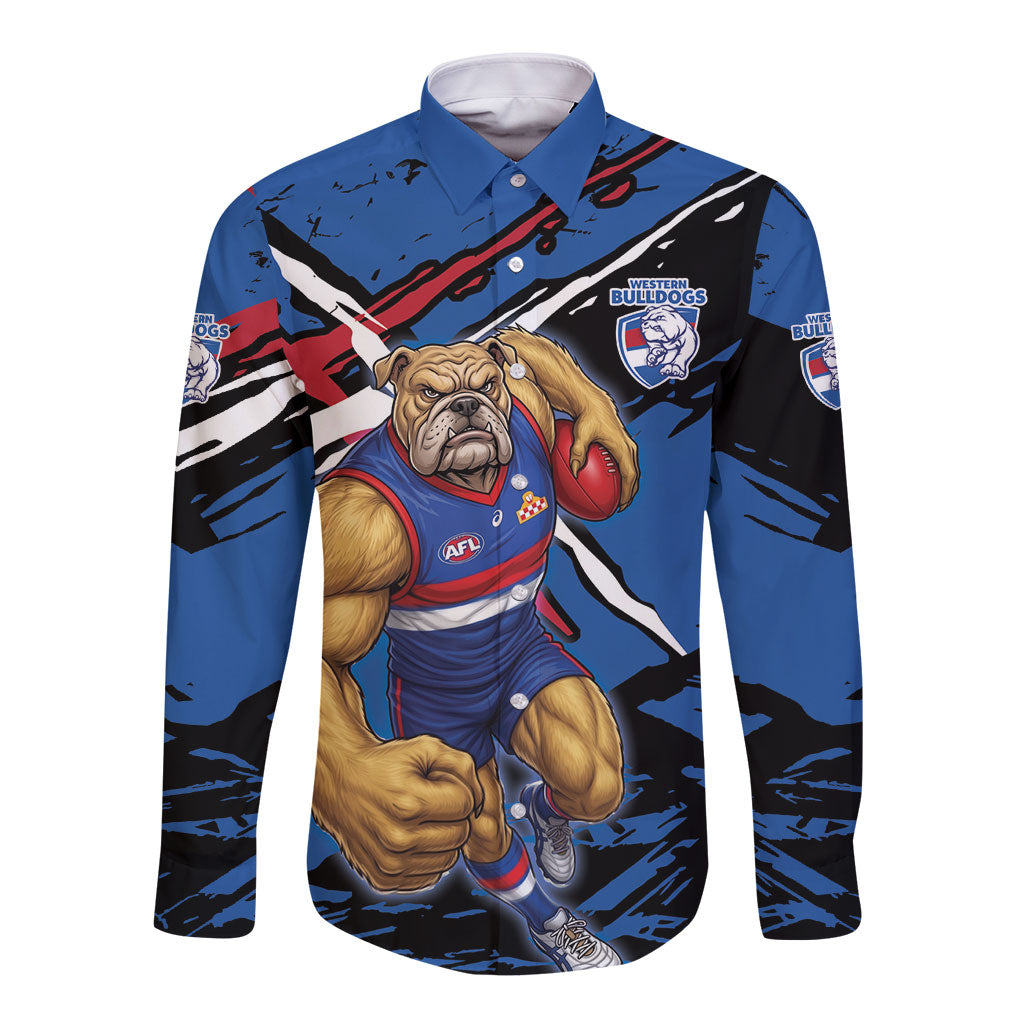 Western Bulldogs Long Sleeve Button Shirt Footscray Muscular Mascot Graphic - Abstract Paint Splatter Art