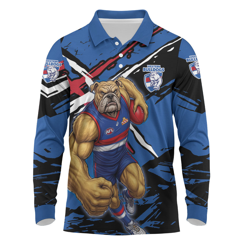 Western Bulldogs Long Sleeve Polo Shirt Footscray Muscular Mascot Graphic - Abstract Paint Splatter Art