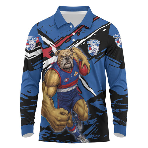 Western Bulldogs Long Sleeve Polo Shirt Footscray Muscular Mascot Graphic - Abstract Paint Splatter Art