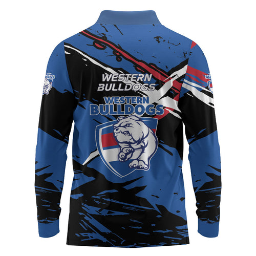 Western Bulldogs Long Sleeve Polo Shirt Footscray Muscular Mascot Graphic - Abstract Paint Splatter Art