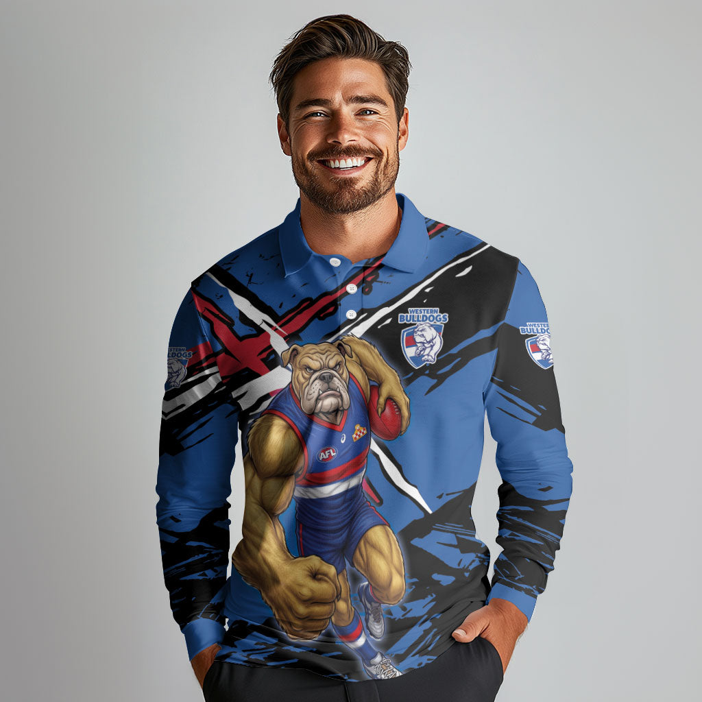 Western Bulldogs Long Sleeve Polo Shirt Footscray Muscular Mascot Graphic - Abstract Paint Splatter Art