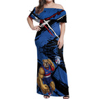 Western Bulldogs Off Shoulder Maxi Dress Footscray Muscular Mascot Graphic - Abstract Paint Splatter Art