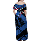 Western Bulldogs Off Shoulder Maxi Dress Footscray Muscular Mascot Graphic - Abstract Paint Splatter Art