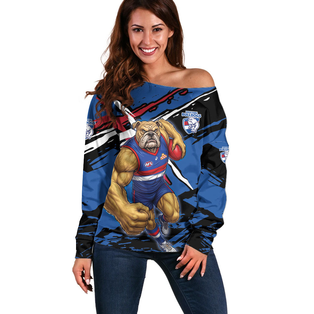 Western Bulldogs Off Shoulder Sweater Footscray Muscular Mascot Graphic - Abstract Paint Splatter Art