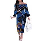 Western Bulldogs Off The Shoulder Long Sleeve Dress Footscray Muscular Mascot Graphic - Abstract Paint Splatter Art