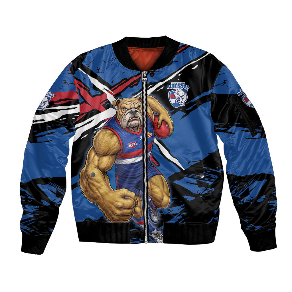 Western Bulldogs Sleeve Zip Bomber Jacket Footscray Muscular Mascot Graphic - Abstract Paint Splatter Art