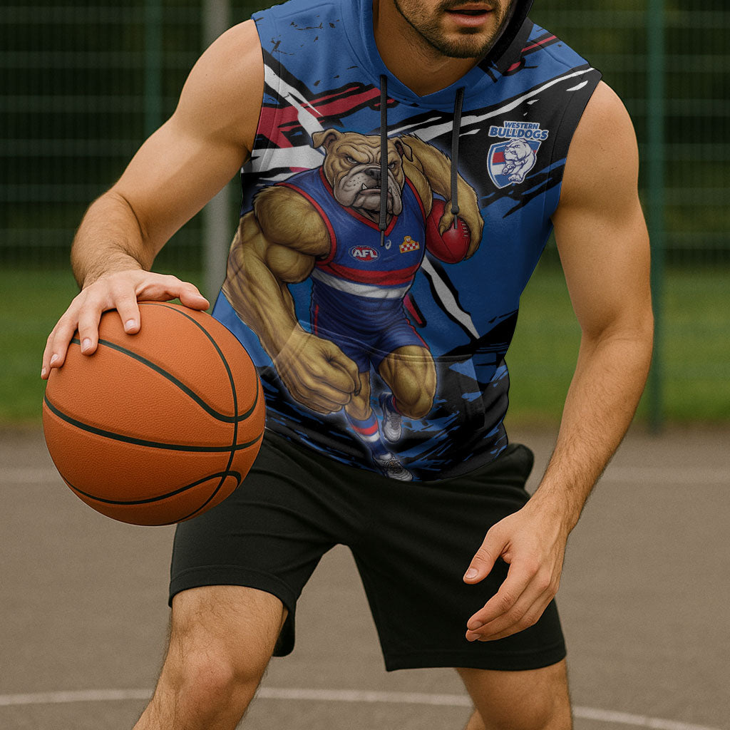 Western Bulldogs Sleeveless Hoodie Footscray Muscular Mascot Graphic - Abstract Paint Splatter Art