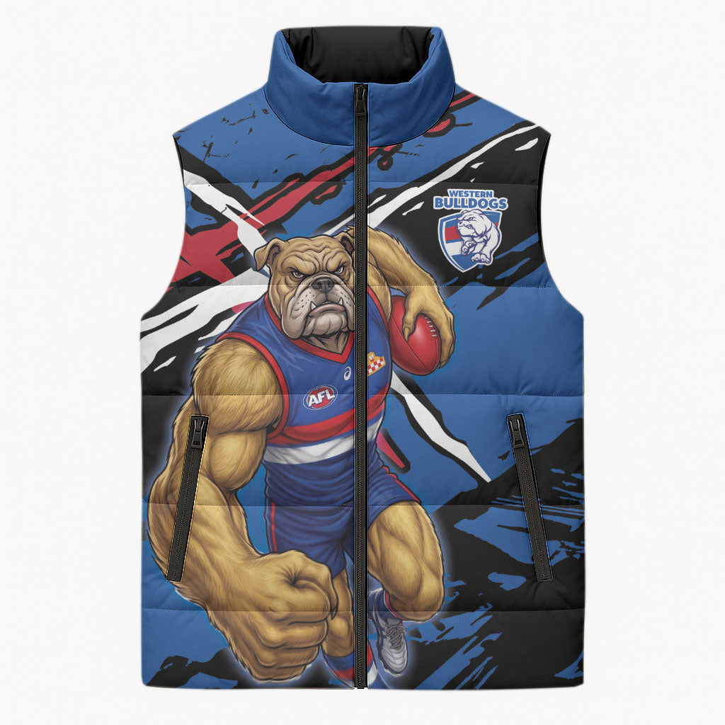 Western Bulldogs Sleeveless Puffer Jacket Footscray Muscular Mascot Graphic - Abstract Paint Splatter Art
