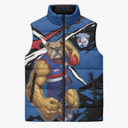 Western Bulldogs Sleeveless Puffer Jacket Footscray Muscular Mascot Graphic - Abstract Paint Splatter Art