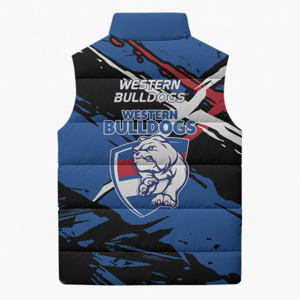 Western Bulldogs Sleeveless Puffer Jacket Footscray Muscular Mascot Graphic - Abstract Paint Splatter Art