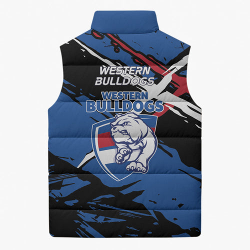 Western Bulldogs Sleeveless Puffer Jacket Footscray Muscular Mascot Graphic - Abstract Paint Splatter Art