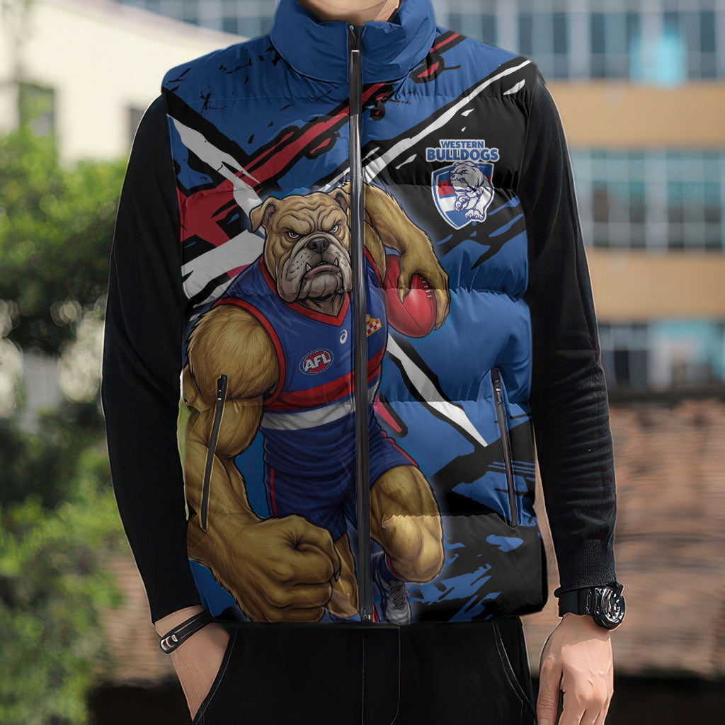 Western Bulldogs Sleeveless Puffer Jacket Footscray Muscular Mascot Graphic - Abstract Paint Splatter Art