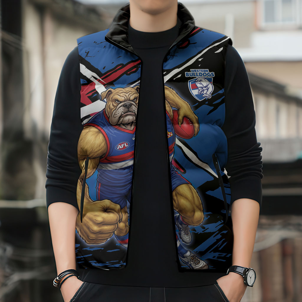 Western Bulldogs Sleeveless Puffer Jacket Footscray Muscular Mascot Graphic - Abstract Paint Splatter Art