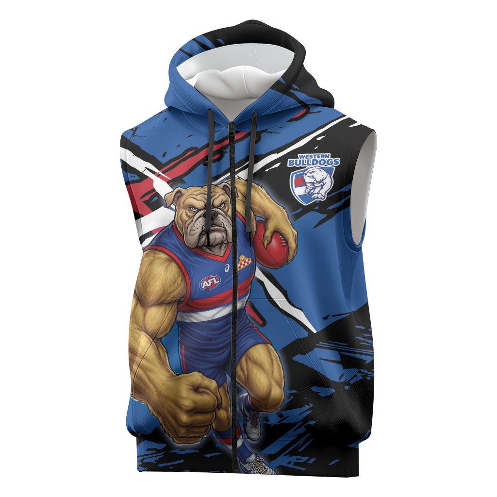 Western Bulldogs Sleeveless Zip Hoodie Footscray Muscular Mascot Graphic - Abstract Paint Splatter Art