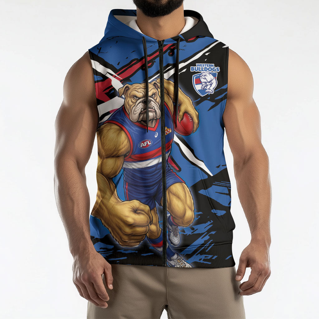 Western Bulldogs Sleeveless Zip Hoodie Footscray Muscular Mascot Graphic - Abstract Paint Splatter Art