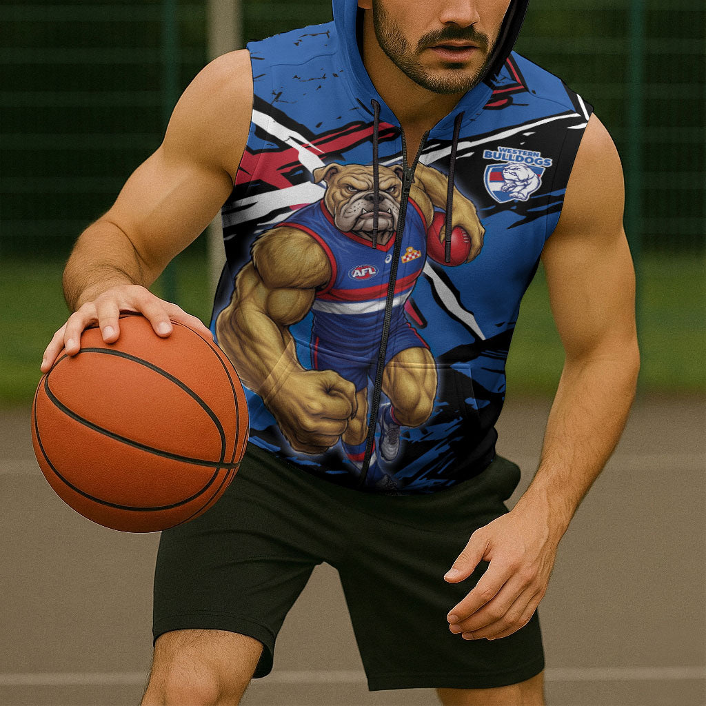 Western Bulldogs Sleeveless Zip Hoodie Footscray Muscular Mascot Graphic - Abstract Paint Splatter Art