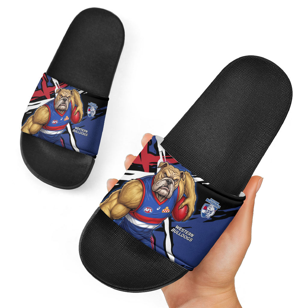 Western Bulldogs Slide Sandals Footscray Muscular Mascot Graphic - Abstract Paint Splatter Art