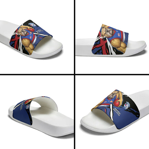 Western Bulldogs Slide Sandals Footscray Muscular Mascot Graphic - Abstract Paint Splatter Art