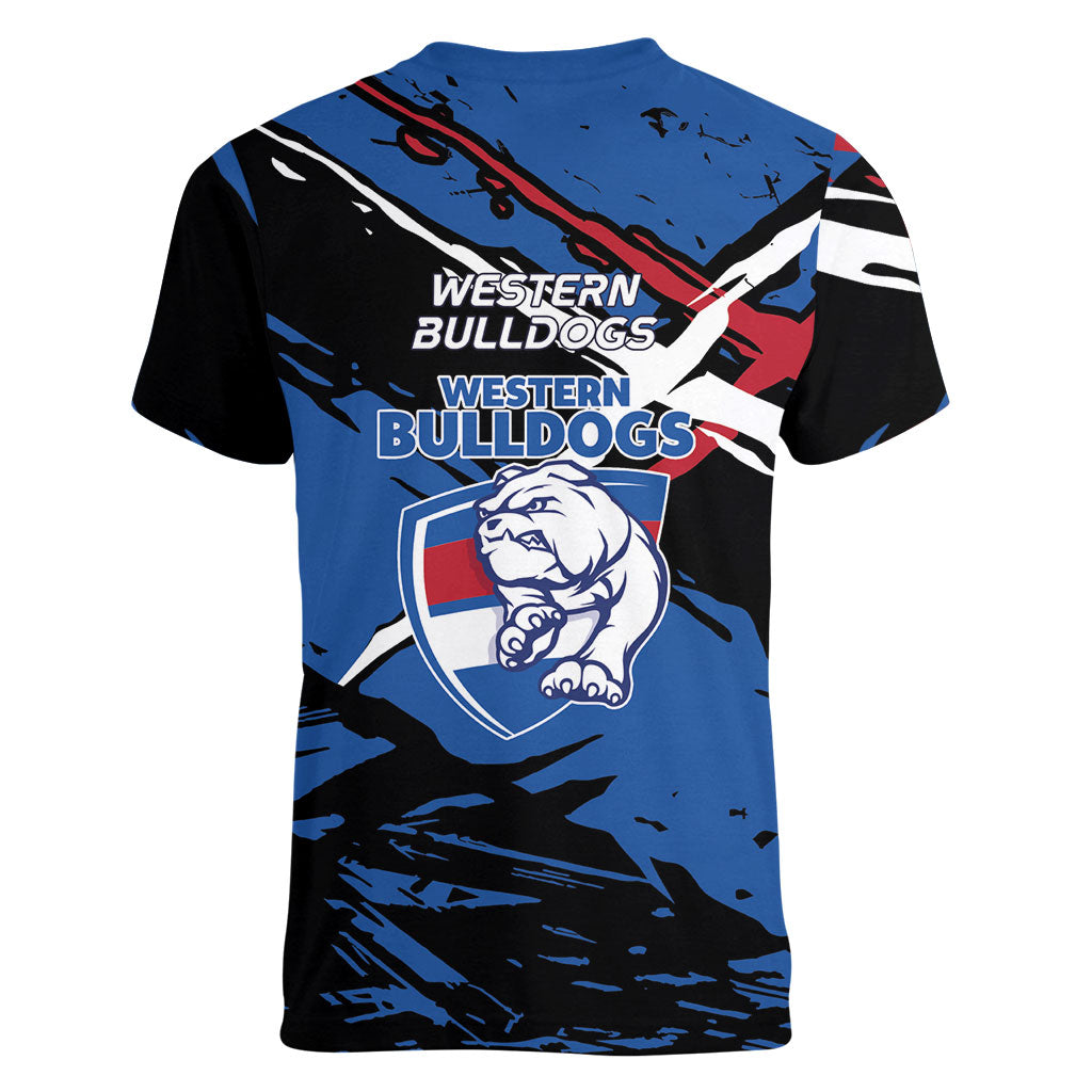 Western Bulldogs Women V-Neck T-Shirt Footscray Muscular Mascot Graphic - Abstract Paint Splatter Art