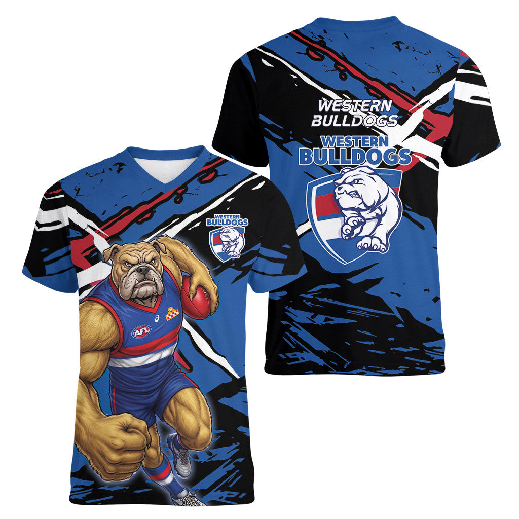 Western Bulldogs Women V-Neck T-Shirt Footscray Muscular Mascot Graphic - Abstract Paint Splatter Art
