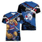 Western Bulldogs Women V-Neck T-Shirt Footscray Muscular Mascot Graphic - Abstract Paint Splatter Art