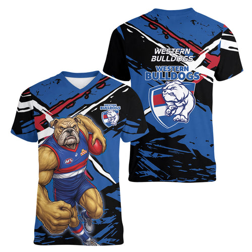 Western Bulldogs Women V-Neck T-Shirt Footscray Muscular Mascot Graphic - Abstract Paint Splatter Art