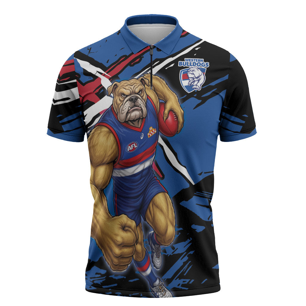 Western Bulldogs Zipper Polo Shirt Footscray Muscular Mascot Graphic - Abstract Paint Splatter Art