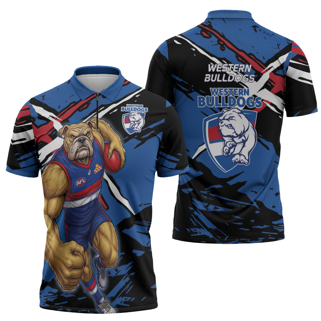 Western Bulldogs Zipper Polo Shirt Footscray Muscular Mascot Graphic - Abstract Paint Splatter Art