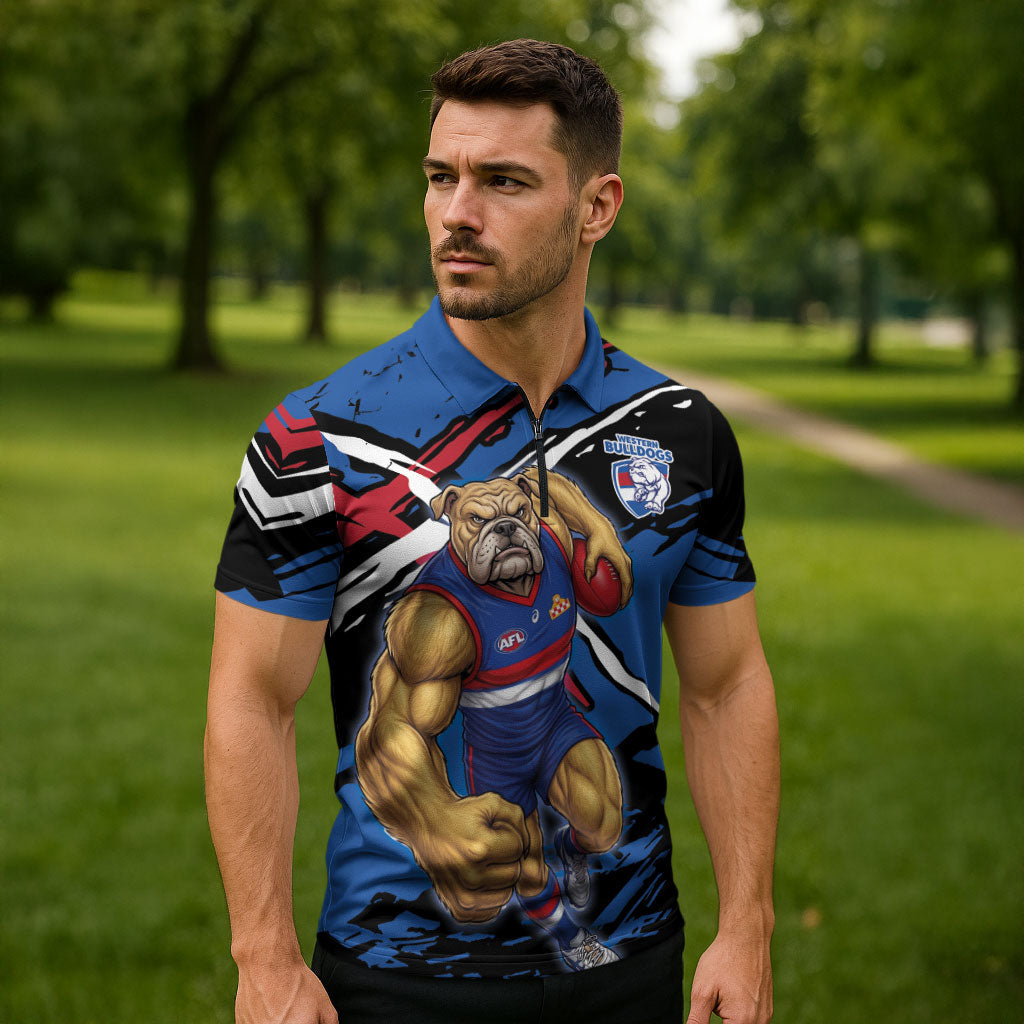 Western Bulldogs Zipper Polo Shirt Footscray Muscular Mascot Graphic - Abstract Paint Splatter Art