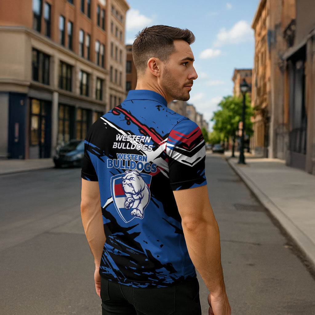 Western Bulldogs Zipper Polo Shirt Footscray Muscular Mascot Graphic - Abstract Paint Splatter Art