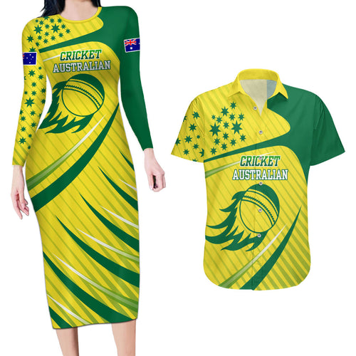 Australian Cricket Couples Matching Long Sleeve Bodycon Dress and Hawaiian Shirt Southern Cross Stars - Heritage Graphic