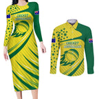 Australian Cricket Couples Matching Long Sleeve Bodycon Dress and Long Sleeve Button Shirt Southern Cross Stars - Heritage Graphic