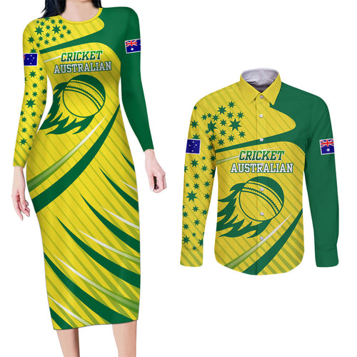 Australian Cricket Couples Matching Long Sleeve Bodycon Dress and Long Sleeve Button Shirt Southern Cross Stars - Heritage Graphic