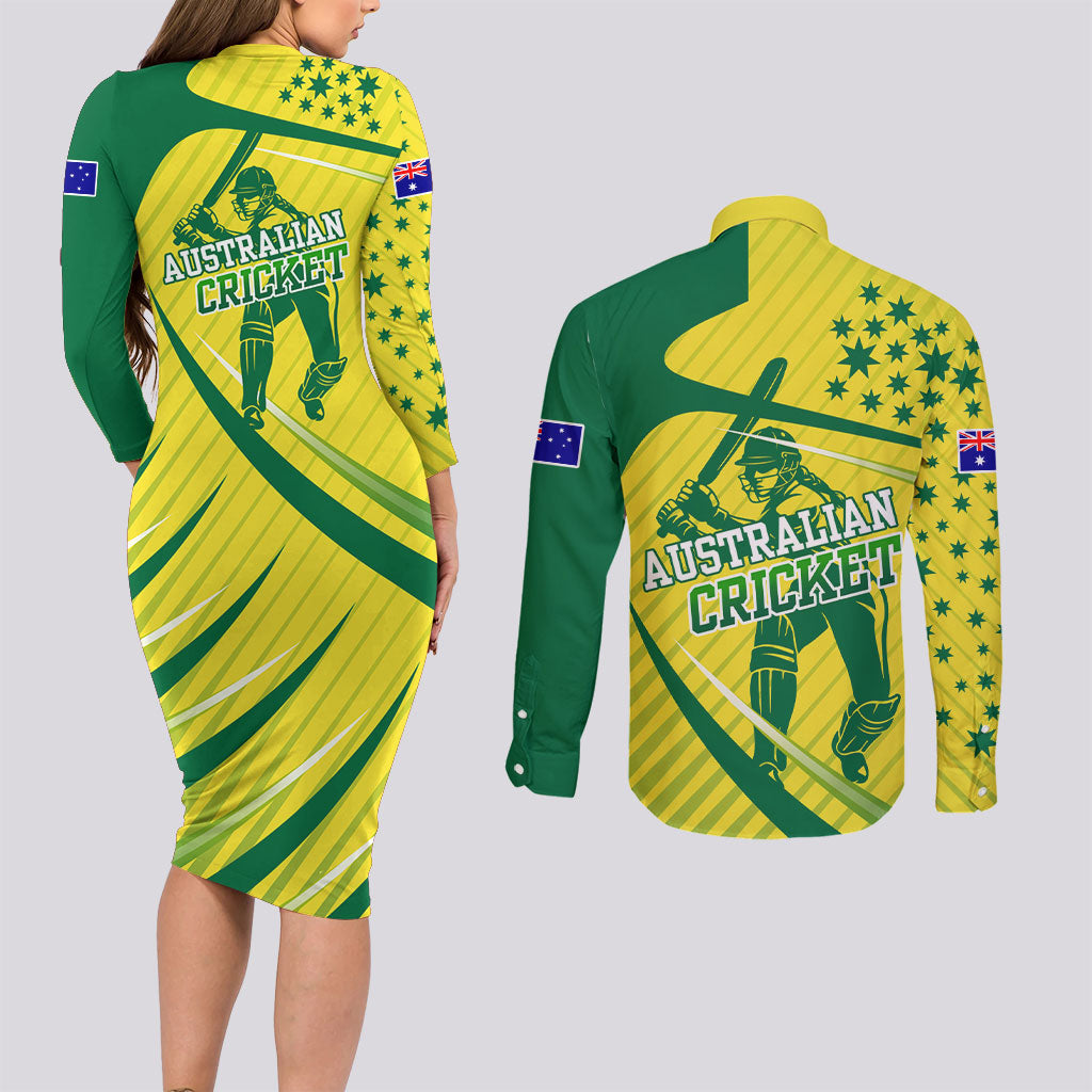 Australian Cricket Couples Matching Long Sleeve Bodycon Dress and Long Sleeve Button Shirt Southern Cross Stars - Heritage Graphic