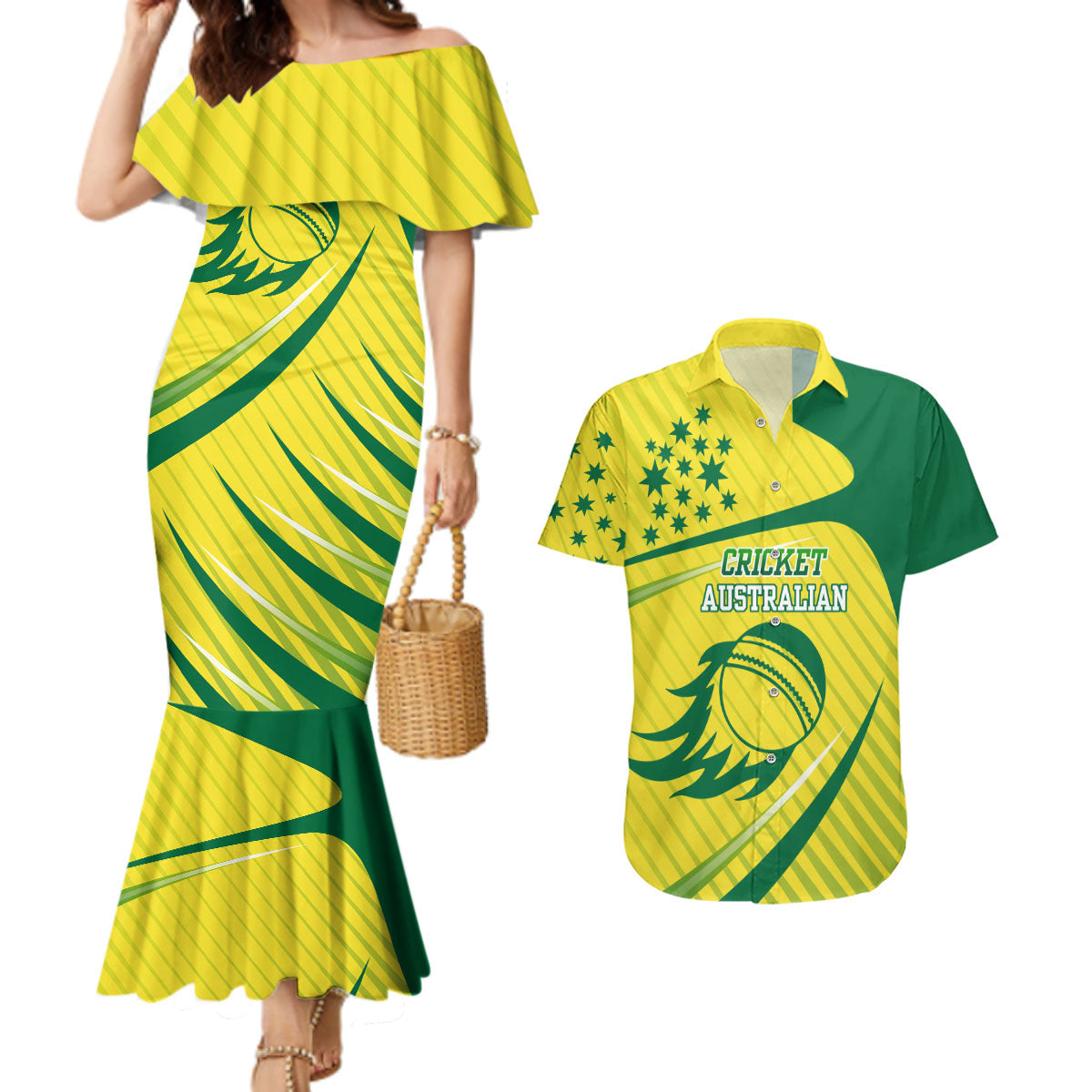 Australian Cricket Couples Matching Mermaid Dress and Hawaiian Shirt Southern Cross Stars - Heritage Graphic