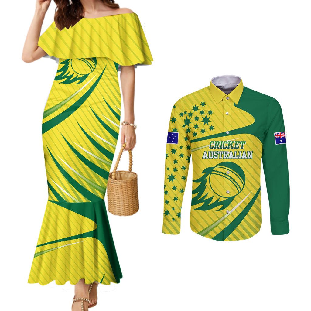 Australian Cricket Couples Matching Mermaid Dress and Long Sleeve Button Shirt Southern Cross Stars - Heritage Graphic