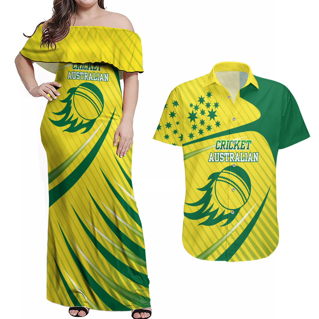 Australian Cricket Couples Matching Off Shoulder Maxi Dress and Hawaiian Shirt Southern Cross Stars - Heritage Graphic