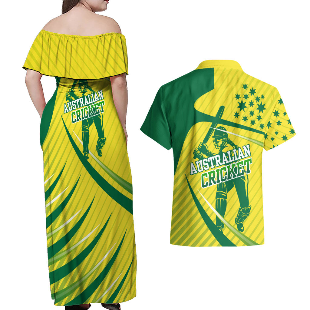 Australian Cricket Couples Matching Off Shoulder Maxi Dress and Hawaiian Shirt Southern Cross Stars - Heritage Graphic